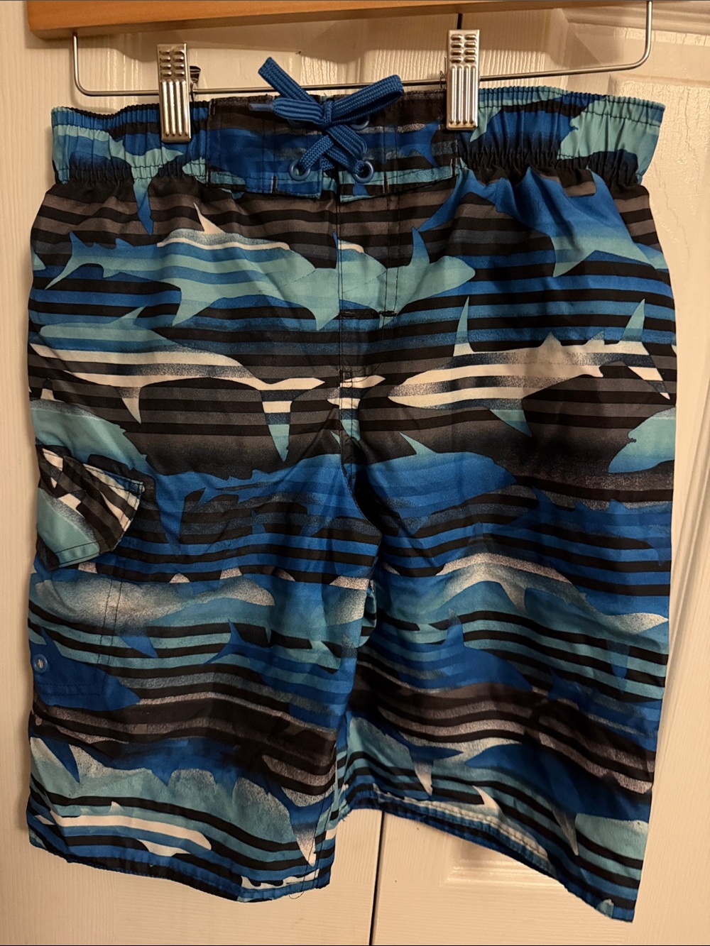 Blue Shark-Print Boys' Swim Shorts with Drawstring